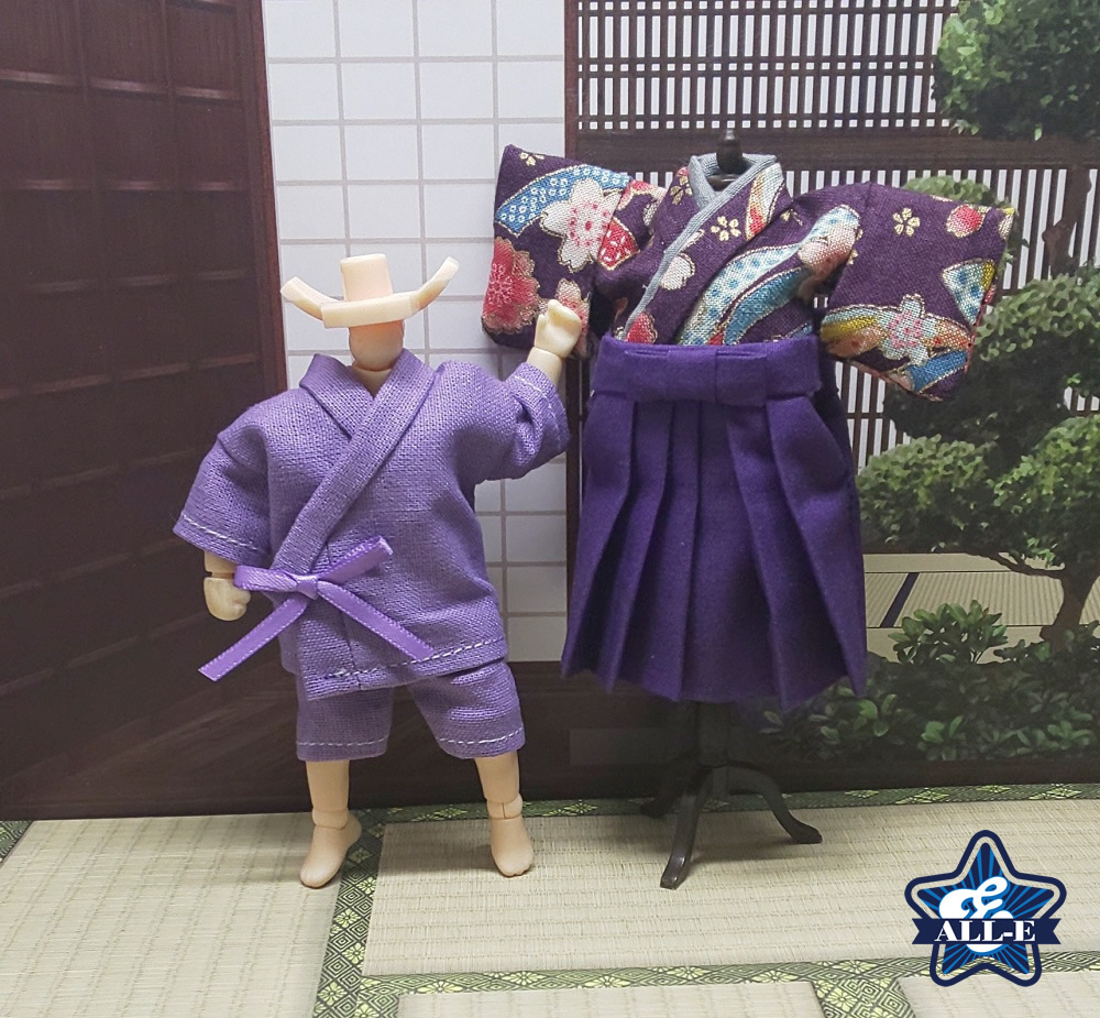 紫桜グラデ着物と濃灰袴のセット オビツ11 ねんどろいどどーる YMY 対応 着物〉オフホワイト色×ローズ色 桜枝垂れ八重柄着物 〈袴〉紫色