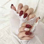 No.12 Bordeaux nail♡ リボン×ハートホロ×キルティングネイルチップ
