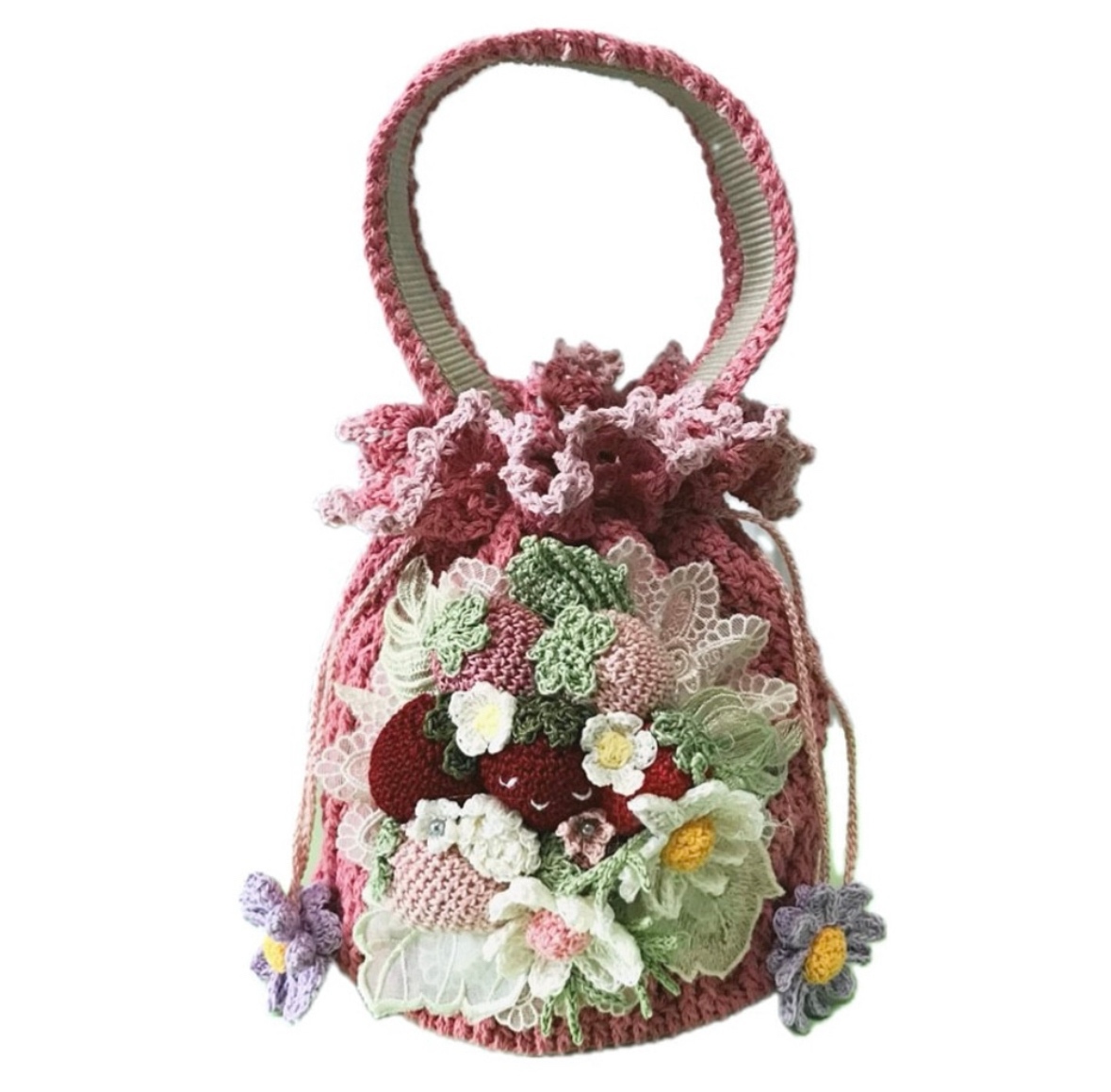 ▲▽レース編み　ハンドメイド　フルーツたっぷり　エクレアポーチ△▼ The handles are cute too! Shell square lacy bag If you continue
