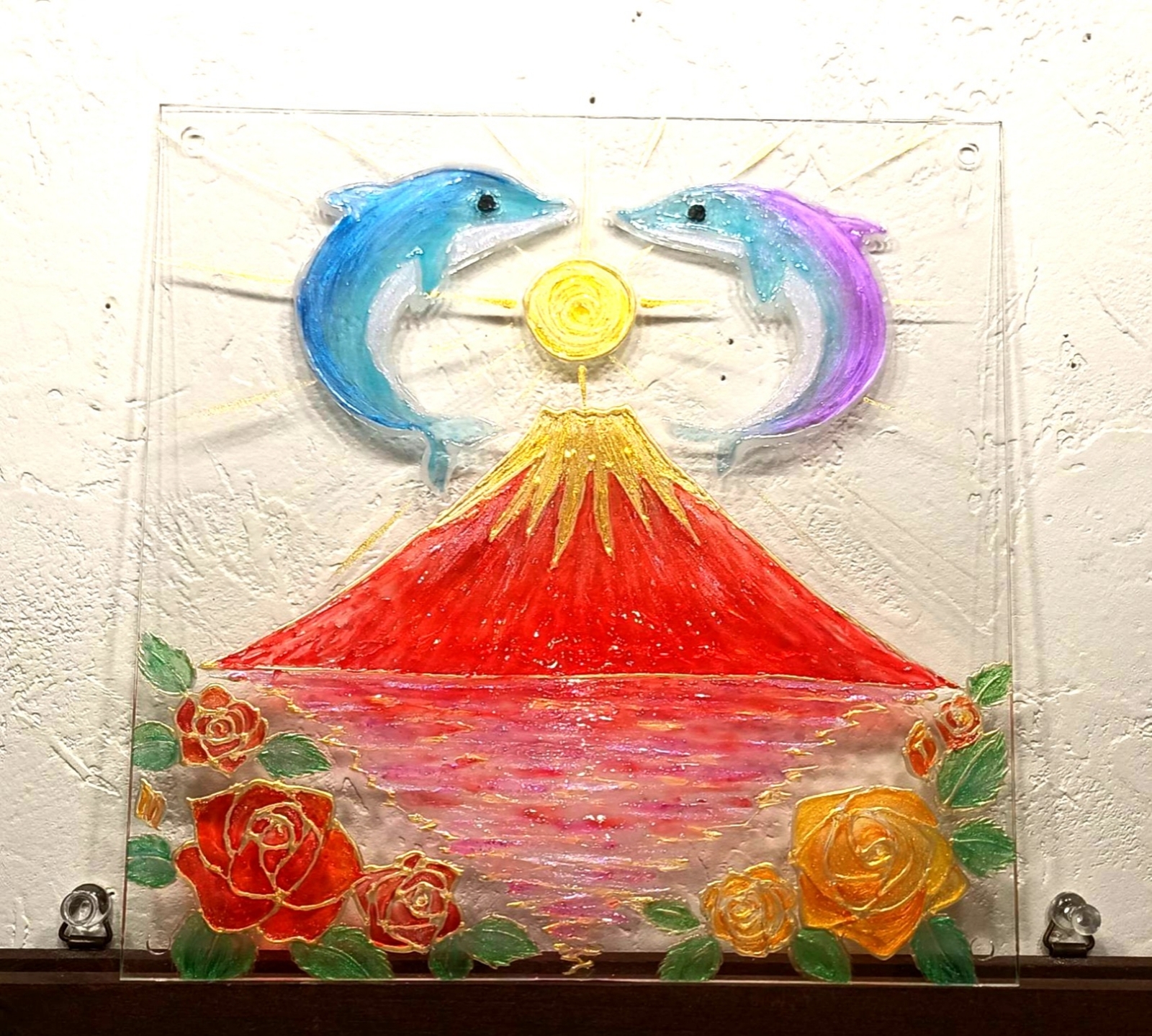 風水開運絵画＊永和来福図 虹色昇龍と鳳凰～赤富士金滝虹～金運