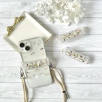 きらめくリボンとアリッサムの押し花スマホケース＆ショルダークリップセット ストラップ 透明感レジン 小花 iPhone対応 大人かわいい 押し花 ショルダークリップ 