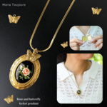 【残り2点】薔薇のカボション×蝶×ロケットフレームのペンダント（チェーンネックレス)　写真入れ　ヴィンテージ　ヴィクトリア　バラ　ちょうちょ　ヴィンテージ