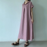 美しく体型カバー。上品さが漂う大人の日常着。半袖へちま襟リネンワンピース　アースカラースモーキーパープル色