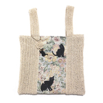 《完売》黒ねこ 花柄 綿麻 手提げ ミニ バッグ ラメ ベージュ ハンドメイド