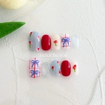 《赤い靴のさんぽ道》ネイルチップ｜ほっこりネイル　チェック　リボン　赤ネイル　マグネットネイル　お花ネイル　キラキラネイル　インク　かわいいネイル　花柄ネイル　北欧　フラワー　ピンク　赤　水色