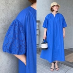 リネンコットン♡バスト120㎝ 超ゆったり&着やせ♡お袖レースコンビワンピース 青【フリー】KMC-765 125618