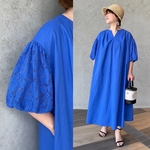 小柄S■リネンコットン♡バスト110㎝ 超ゆったり&着やせ♡お袖レースコンビワンピース 青■KMC-765 038793