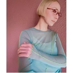 M＆L❤️RATA❤️型崩れしにくい高収縮❤️クルーネックシアートップス❤️切り替えメロー❤️大人モード❤️着痩せ効果❤️くすみブルーグリーン×ネオンライン❤️オールシーズン