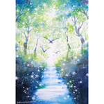 【原画】新緑の通り道（水彩画）★森 緑 水 川 絵画インテリア プレゼントに #2232