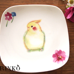 インコとお花　オカメインコの皿　　