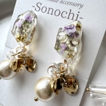 【 Pierce / earring 】 ドライフラワー レジン パープル ミント ピアス イヤリング