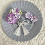 受注制作［Hankusu 紫］つまみ細工　七五三　ひな祭り　前撮り　髪飾り　成人式　卒業式　袴　大きめ　リボン　かんざし　選べる　ゴールド　ヘアアクセ　パープル　白　金箔