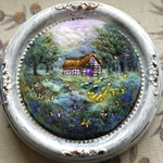 蛍の舞う、沢の家　羊毛フェイト　風景　ブローチThe House by the Stream Where Fireflies Dance