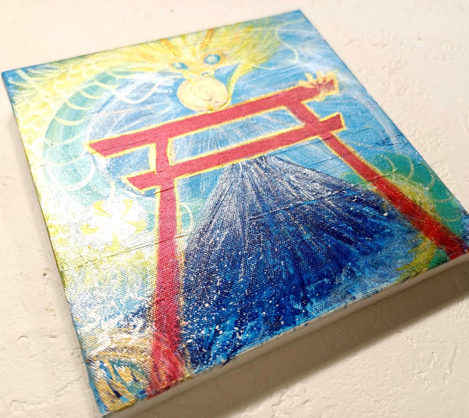 満月の夜の富士山と龍 パステル画 開運絵画
