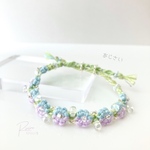 【受注製作】ブルーパープルの紫陽花＊大粒の葉っぱ＊花かんむりブレスレット＊フラワーミサンガ＊刺繍糸＊ビーズ＊あじさい