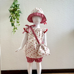 リニューアル　ベビーちゃんセットアップ&チューリップハット&巾着ポシェット赤い小花とギンガムチェックリバーシブル