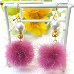 コットンパールとミンクファーのピアス（ピンク）