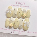 ネイルチップ 黄色 イエロー リボン バラ フレンチガーリー キルティング