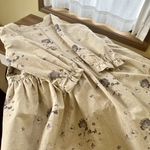 七分袖　リネン切り替えワンピース　バラ