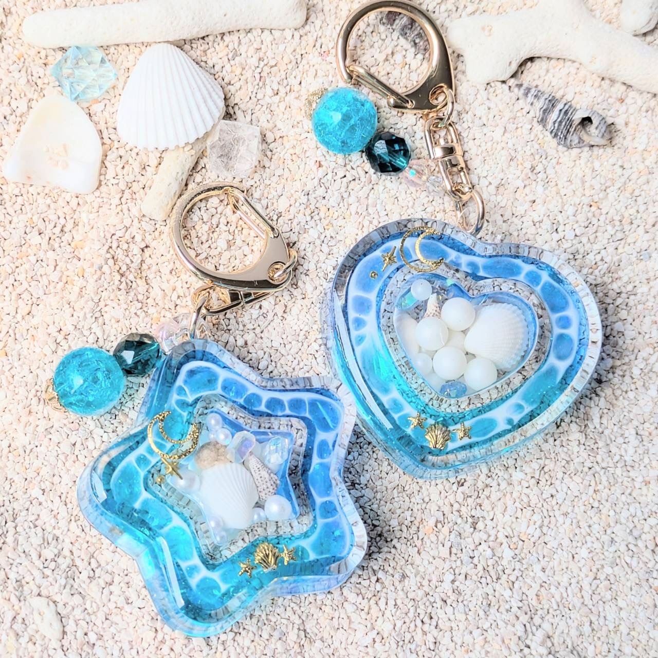 ハートの海塗りダブルシェイカーキーホルダー uvレジン 海レジン