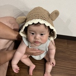 送料込 ナチュラルカラーで編んだお耳つきベビーボンネット