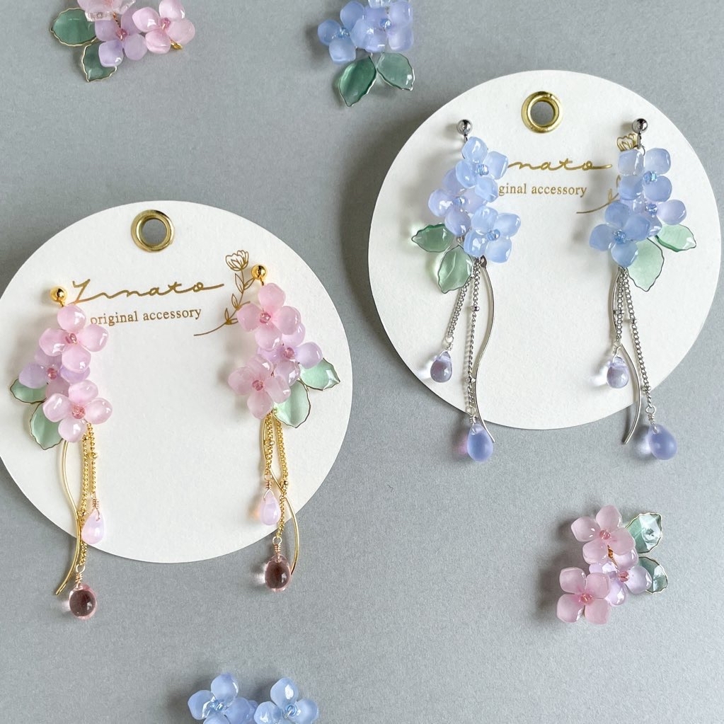 再販♡紫陽花ピアス 紫陽花ピアス 天然石フローライト 14Kgf/アレルギー対応