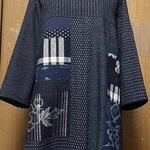 着物リメイク　絣など木綿のパッチワークAラインチュニックワンピース　絵絣　型染め　フリーサイズ