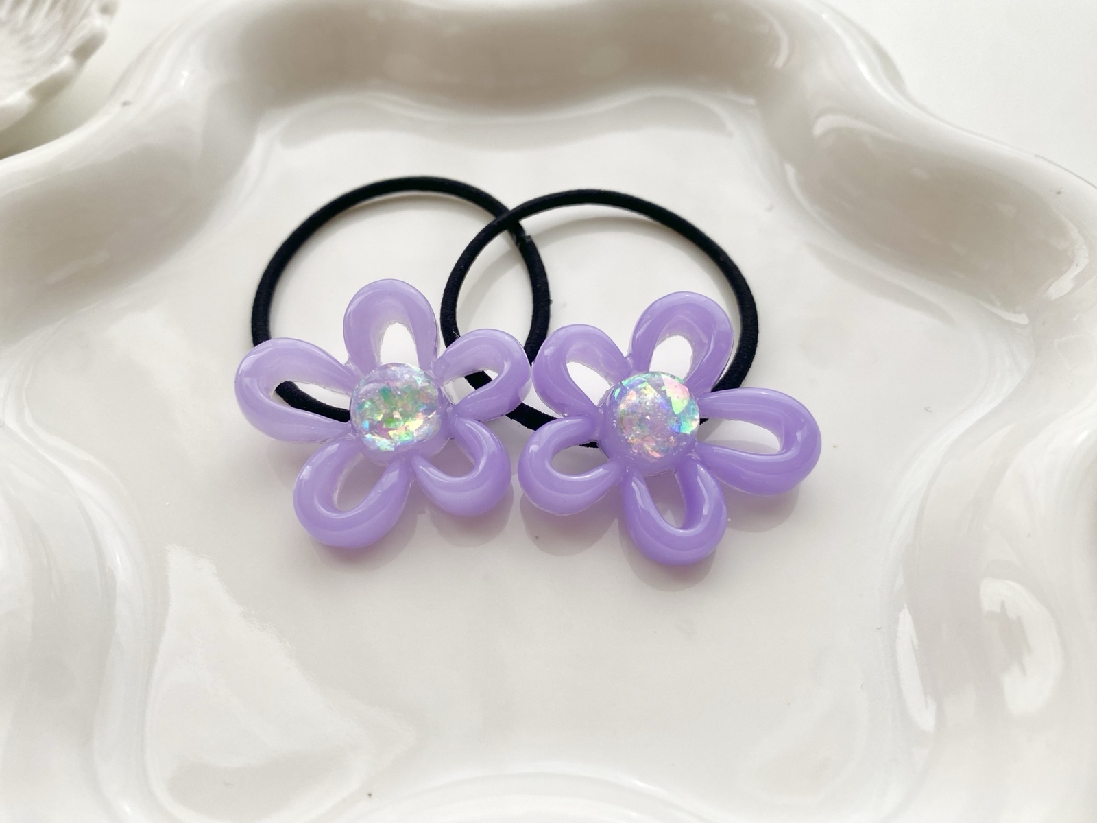 キッズ レジン お花 透かし Flower ヘアゴム 2本セット lilac purple