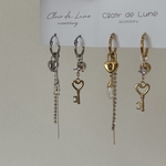 ハートキーアシンメトリーフープピアス/イヤリング　鍵　鍵　ロック　ビジュー　バイカラー　ミックスカラー
