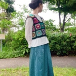 【送料込み】手編み花柄ビスチェ"dark green" 深緑