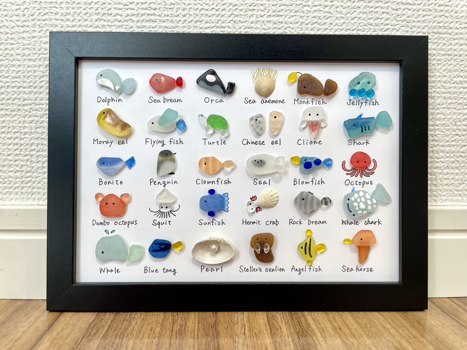 シーグラスアート☆No118 図鑑 海の生き物 6×5 置物 欧米 A5 クラゲ