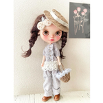 【受注製作】ブライスアウトフィット blytheoutfits ギンガムチェックオールインワン（ライトグレー）&カゴバッグセット/ネオブライス.オビツ22.ドール服
