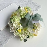 new❁⃘*.ﾟグリーン＆オフホワイト紫陽花リース　リース　お洒落　お祝い　ウェディング　結婚式　母の日 誕生日　ウェディングリース　新築祝い　ブライダル　夏リース グリーン