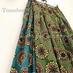 【ミモレorマキシ】すっきりシルエットのタックスカート(レトラなとらにゃんこフラワー/紺・青緑)　ウエストゴム　ギャザースカート　ロングスカート　裏地無し