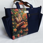 送料無料　特大トートバッグ　12ポケット　ネイビー　ネコ　薔薇　ピアノ