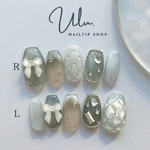 【1番人気】　🎀　ワンホンネイルチップ　韓国ネイル　水色ネイル　マグネットネイル　キルティングネイル　グレージュネイル　推し活ネイル　量産型ネイルチップ　リボンネイル