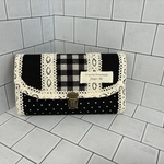 Wファスナー　かわいいレースの布長財布　ドット　チェック　ブラック(Ｂ)