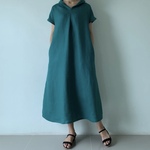 美しく体型カバー。上品さが漂う大人の日常着。半袖へちま襟のリネンワンピース　ピーコックグリーン色