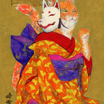 絵画『着物猫-狐面』