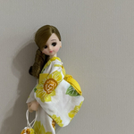 リカちゃん　向日葵🌻の浴衣と黄色い帯のセット　巾着付き