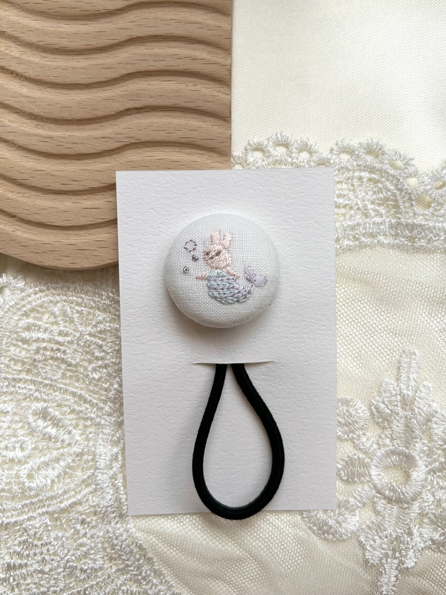 くるみボタンヘアゴム 刺繍 うさぎ マーメイド ゆめかわ u-08 - lapin