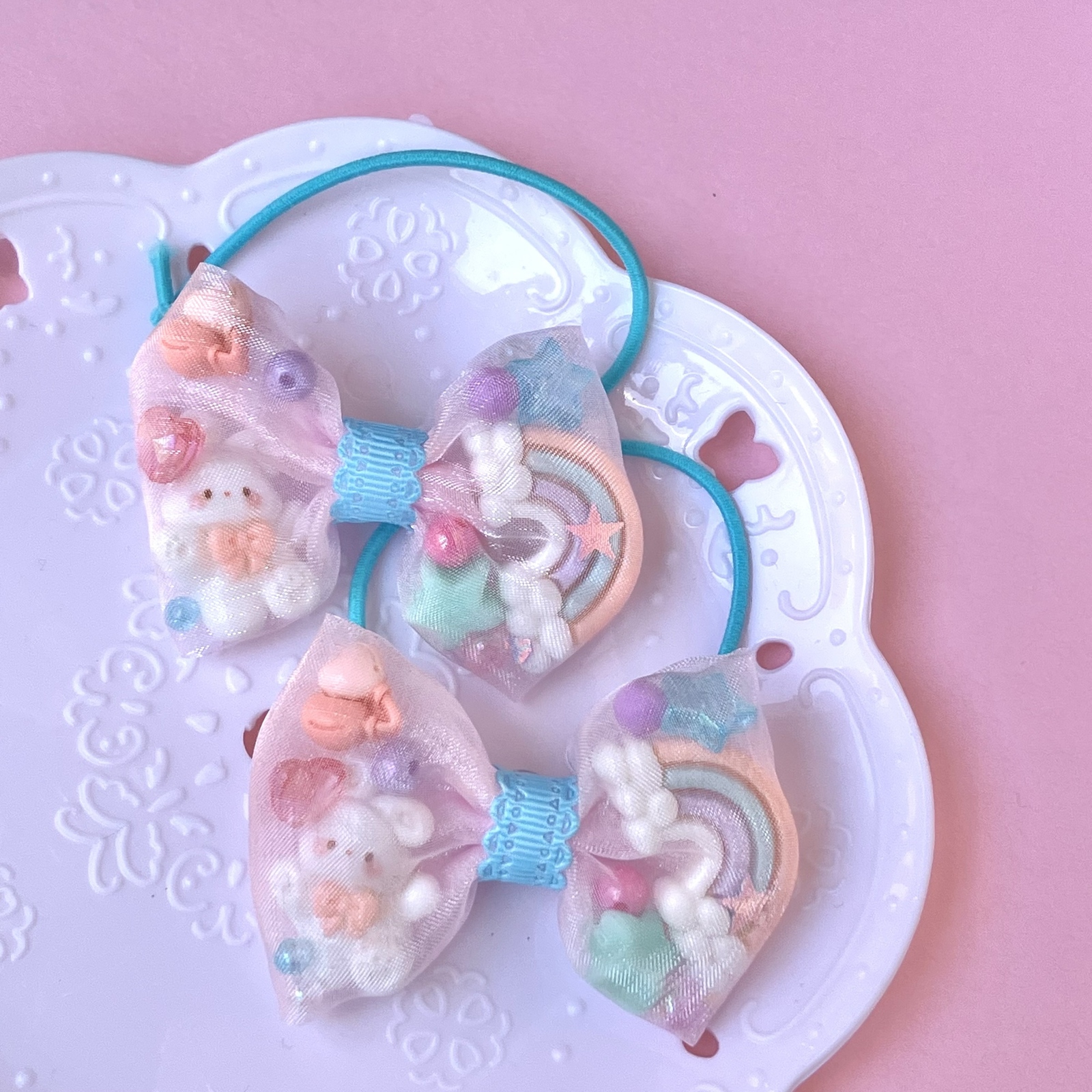 【専用】ハンドメイド☆うさぎのオーガンジーLoveリボンヘアゴム(薄ピンク) うさぎ オーガンジーリボンヘアゴム 子ども ピンク レインボー 2