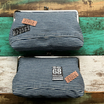 送料込　リメイクデニム　ヒッコリー　革タグ　がま口ポーチ　エコ商品