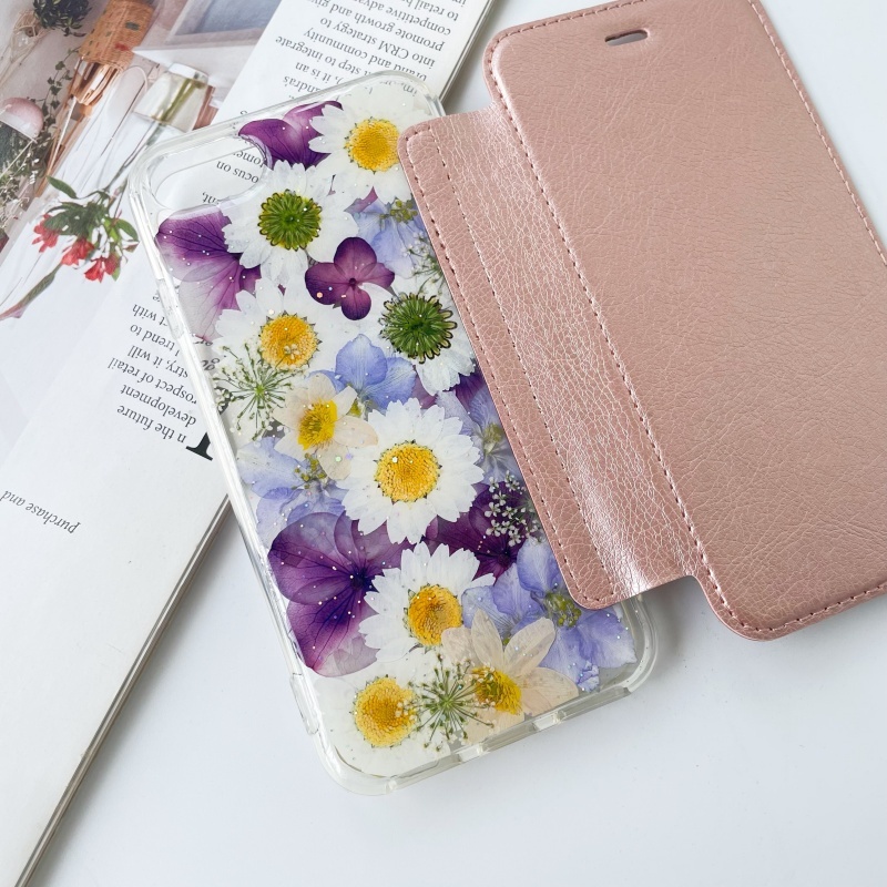 ピンク手帳型押し花スマホケース、紫陽花、全機種対応、iPhone16、iPhone16Pro、iPhone16plus、iPhone15、iPhone14Pro、iPhone14