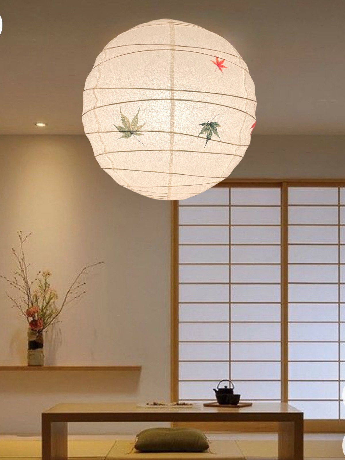 径30㎝丸もみじ入り和紙提灯照明灯具付きペンダント
