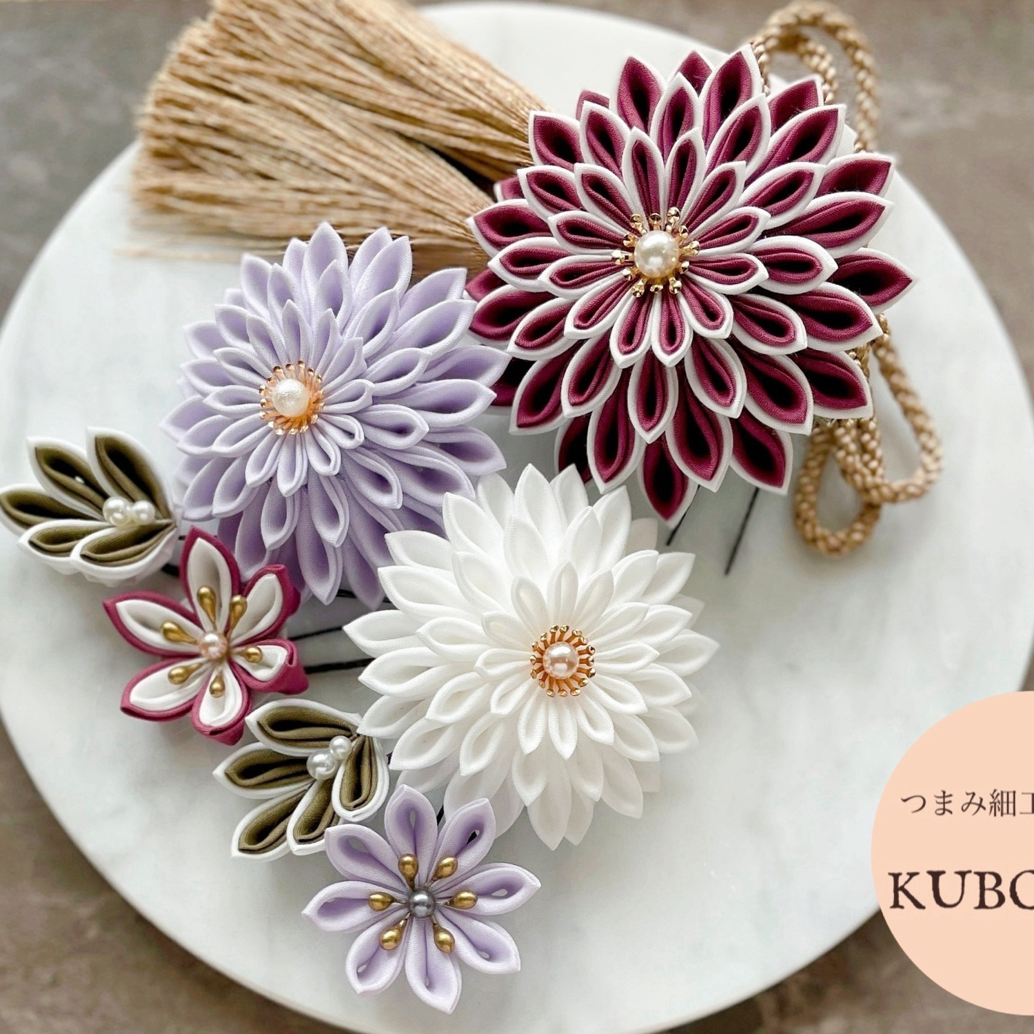 つまみ細工　髪飾り　ボルドー つまみ細工 アレンジ髪飾り:つまみ細工と小花たち【フレンチ