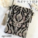 《再販》★外ポケット付き★インド刺繍　インド刺繍スマホポシェット　インド刺繍スマホポーチ　インド刺繍ポシェット　インド刺繍ポーチ　ギフト　フェイクレザー　＊ワックスコード又はチェーンをお選び下さい