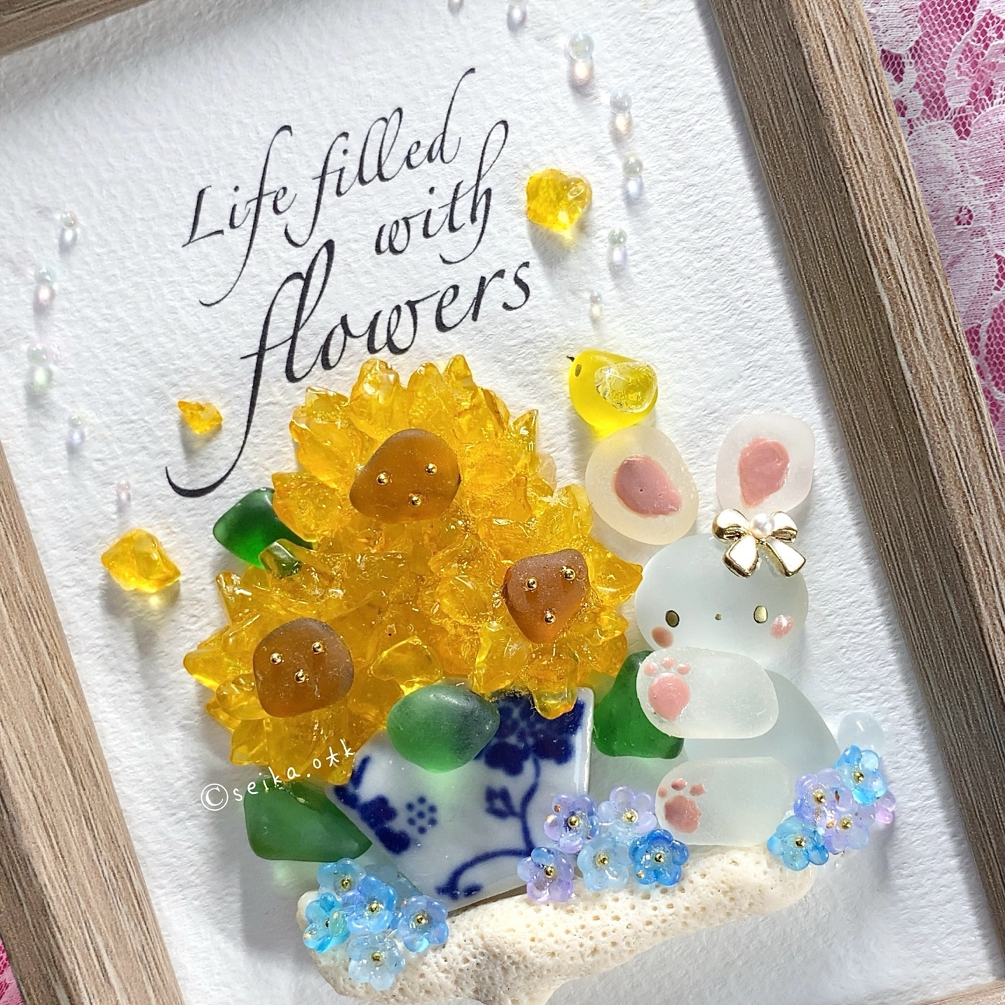1279春爛漫 桜姫とうさちゃん インテリア シーグラスアート 置物 玄関飾り 1279春爛漫 桜姫とうさちゃん インテリア シーグラスアート 置物