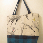 秋冬 鳥とブルーグリーンチェックのトートバッグ