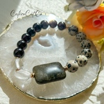 【一点物･再販不可】オブシディアン ガーネット ダルメシアンジャスパー ヘマタイト 水晶 ゴムブレスレット 15.5cm